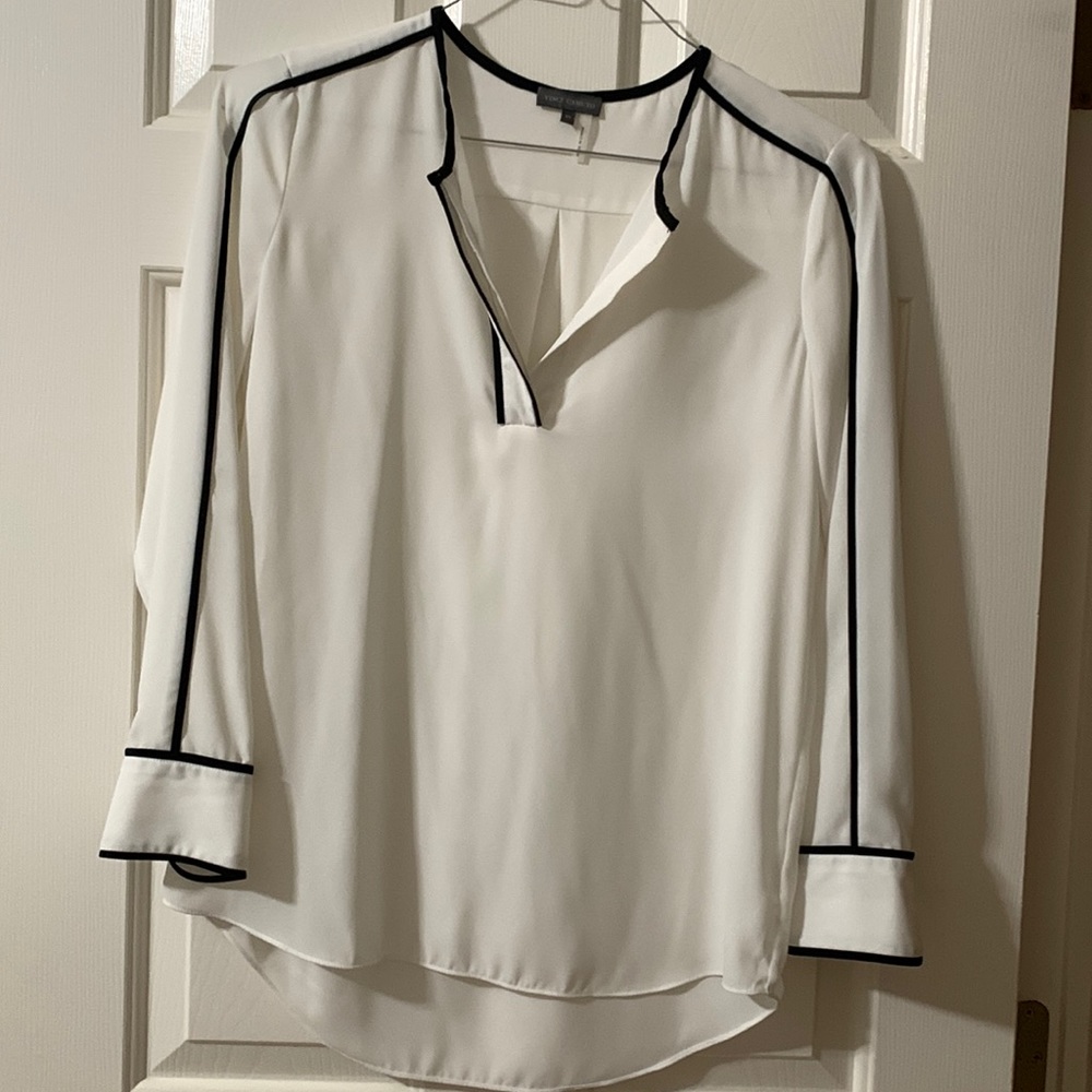 Vince Camuto white blouse with black trim